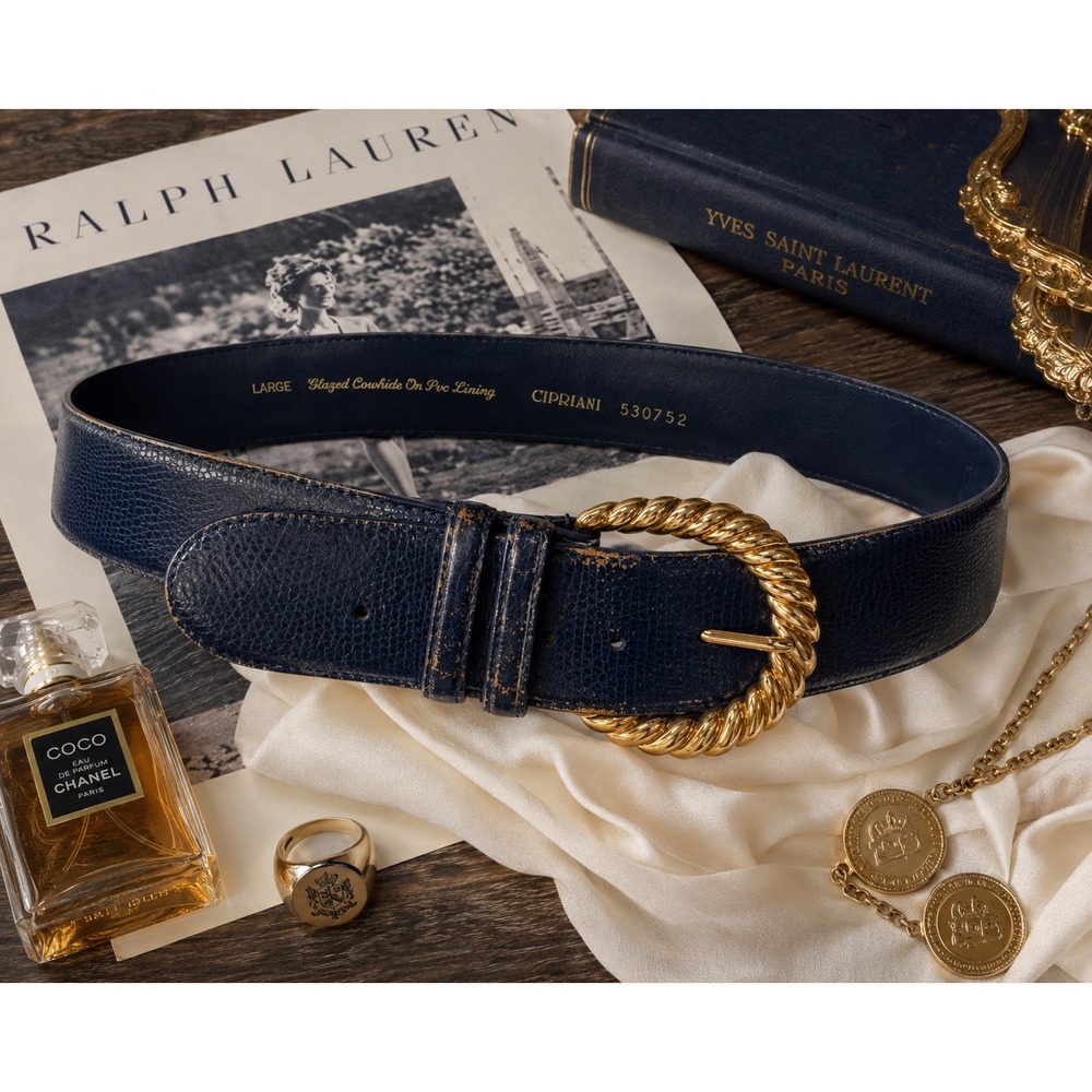Cipriani Vintage Navy Blue Glazed Cowhide Lizard Embossed Belt Gold Buckle Large